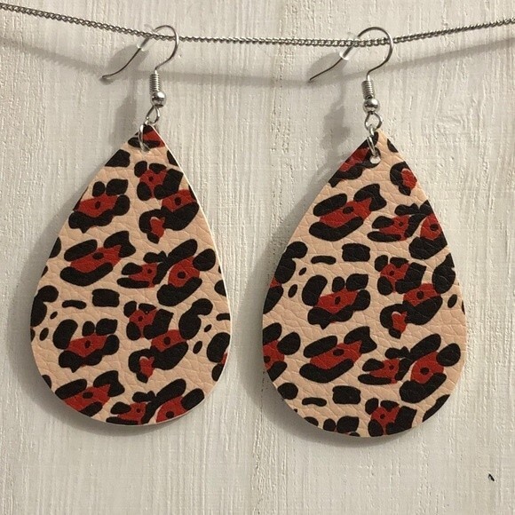 Tan Animal Print PU Leather Teardrop Earrings - Picture 1 of 4